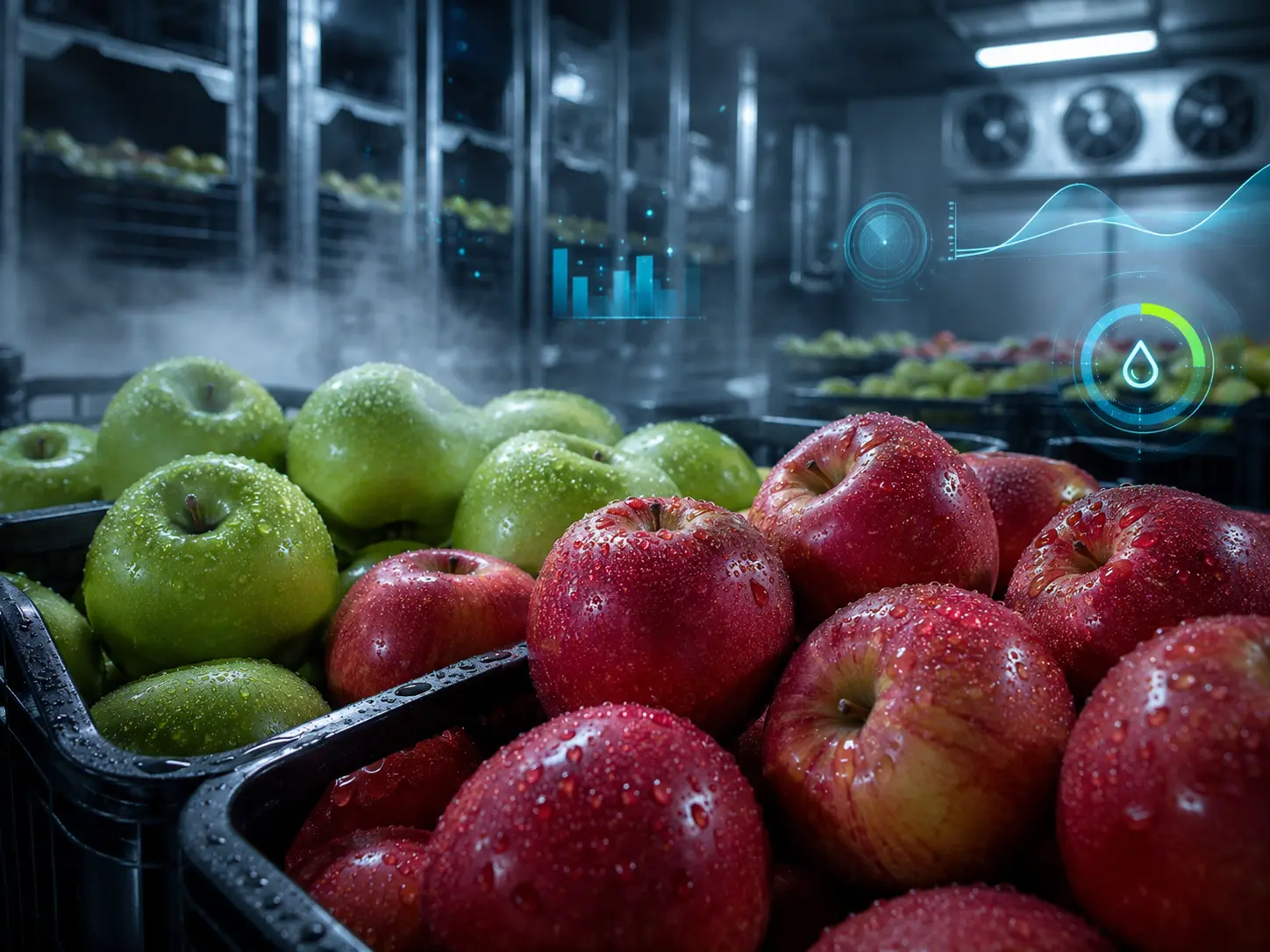 Pommes stockées en chambre froide illustrant la protection de la qualité produit